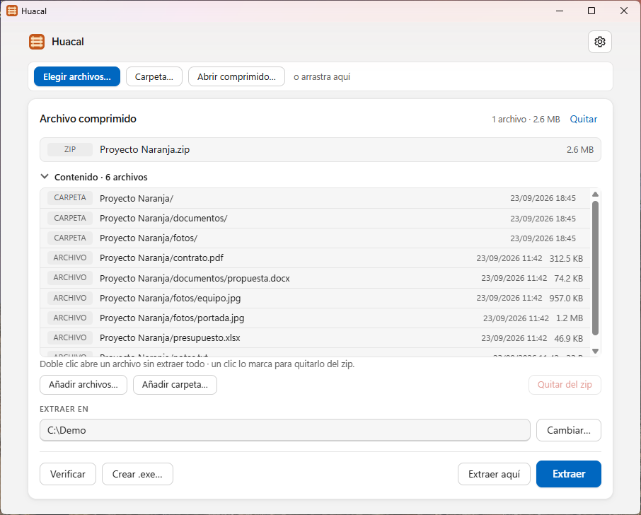 Huacal mostrando el contenido de Proyecto Naranja.zip: la lista de carpetas y archivos con sus fechas y tamaños, y los botones para verificar, crear un .exe y extraer.